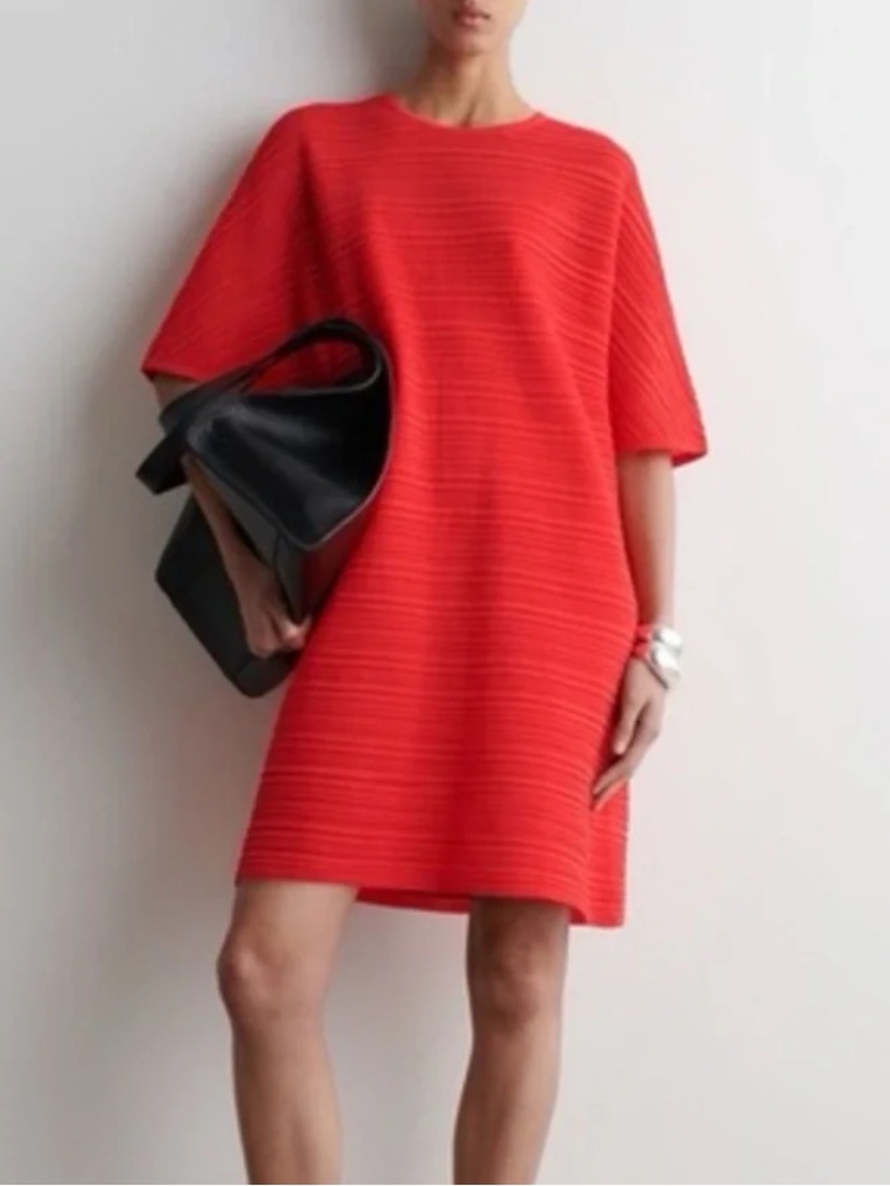 COS Red Pleated Knit Textured Shift Dress - Medium